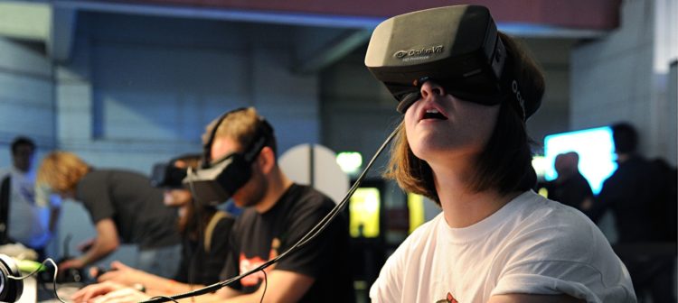 The Oculus Rift headset is tested by attendees at the Eurogamer Expo at Earls Court in London.