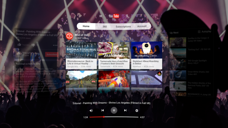 Playstation PS VR Sony Youtube VR vidéo plateforme 360 Google daydream bibliothèque mise à jour application casque support natif 