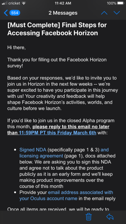 email pour l'inviation au test alpha fermé du Facebook Horizon