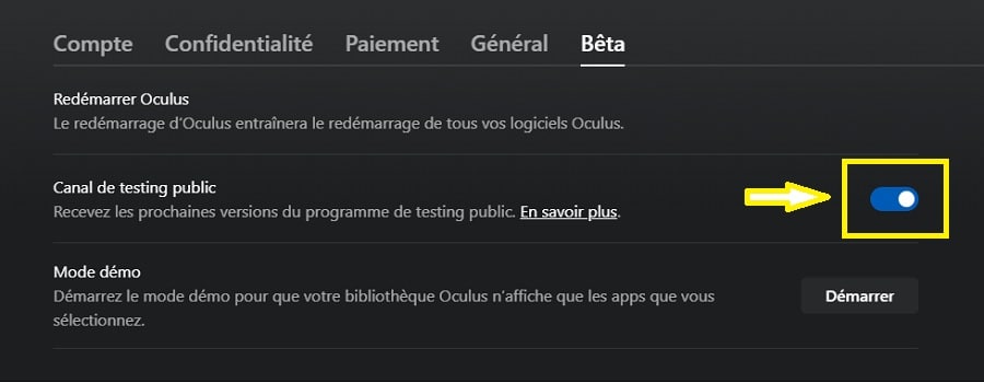 paramètres app oculus