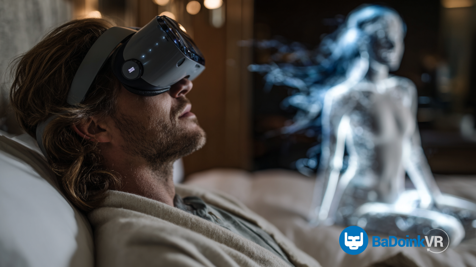 Homme allongé avec un casque VR accompagné d’une femme holographique dans une ambiance immersive et relaxante, top pour regarder du porno VR hétéro