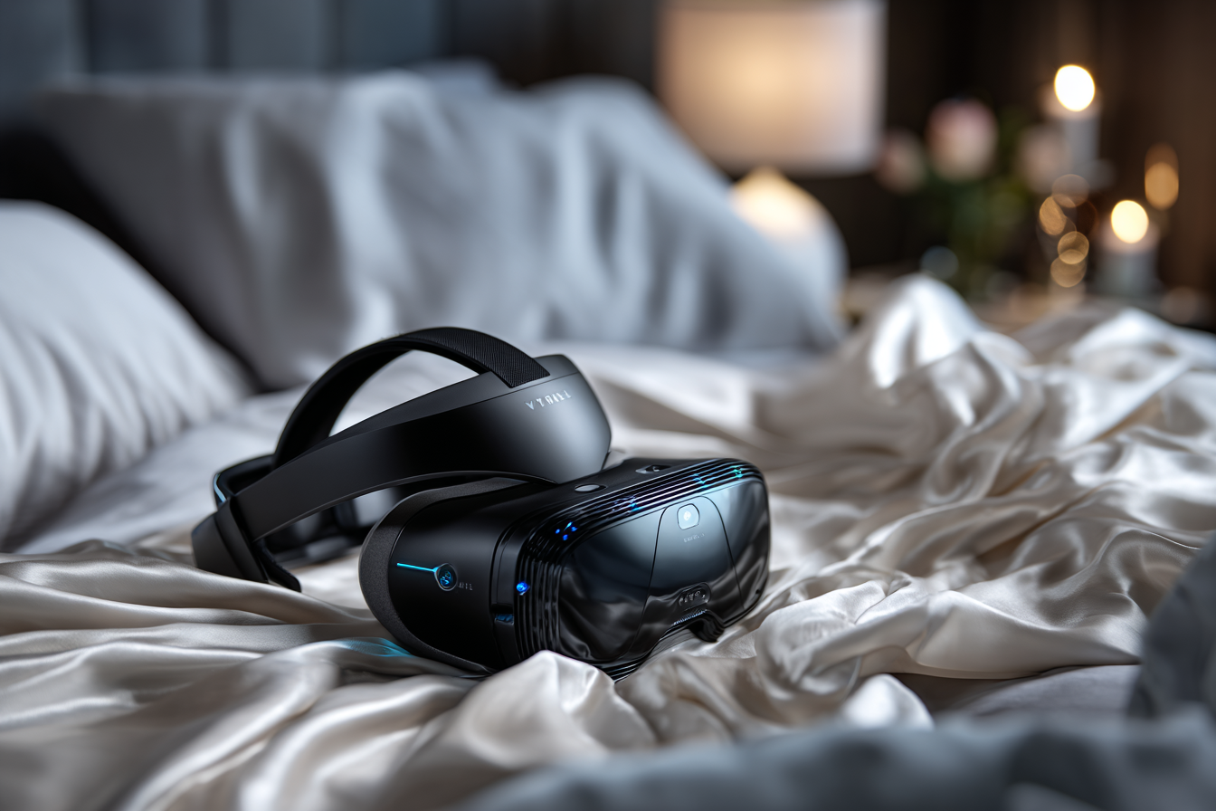 Casque VR en premier plan sur un lit , nécessaire pour regarder du porno VR hétéro