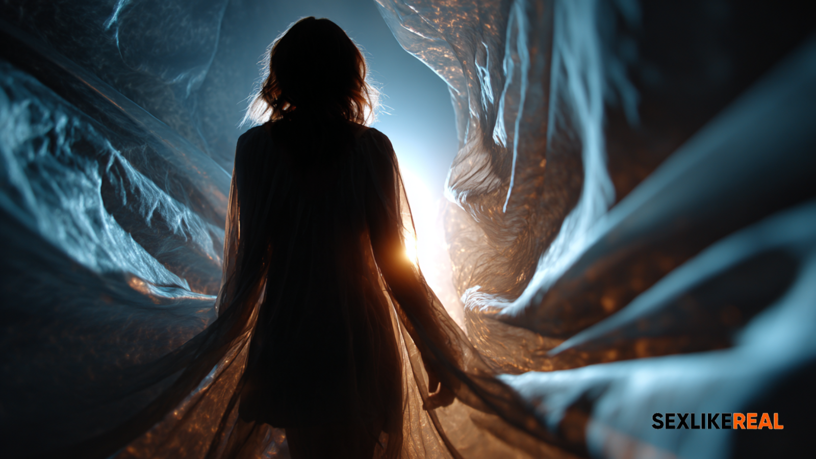 Vue immersive d’une silhouette féminine holographique avançant vers l’utilisateur dans une expérience VR.