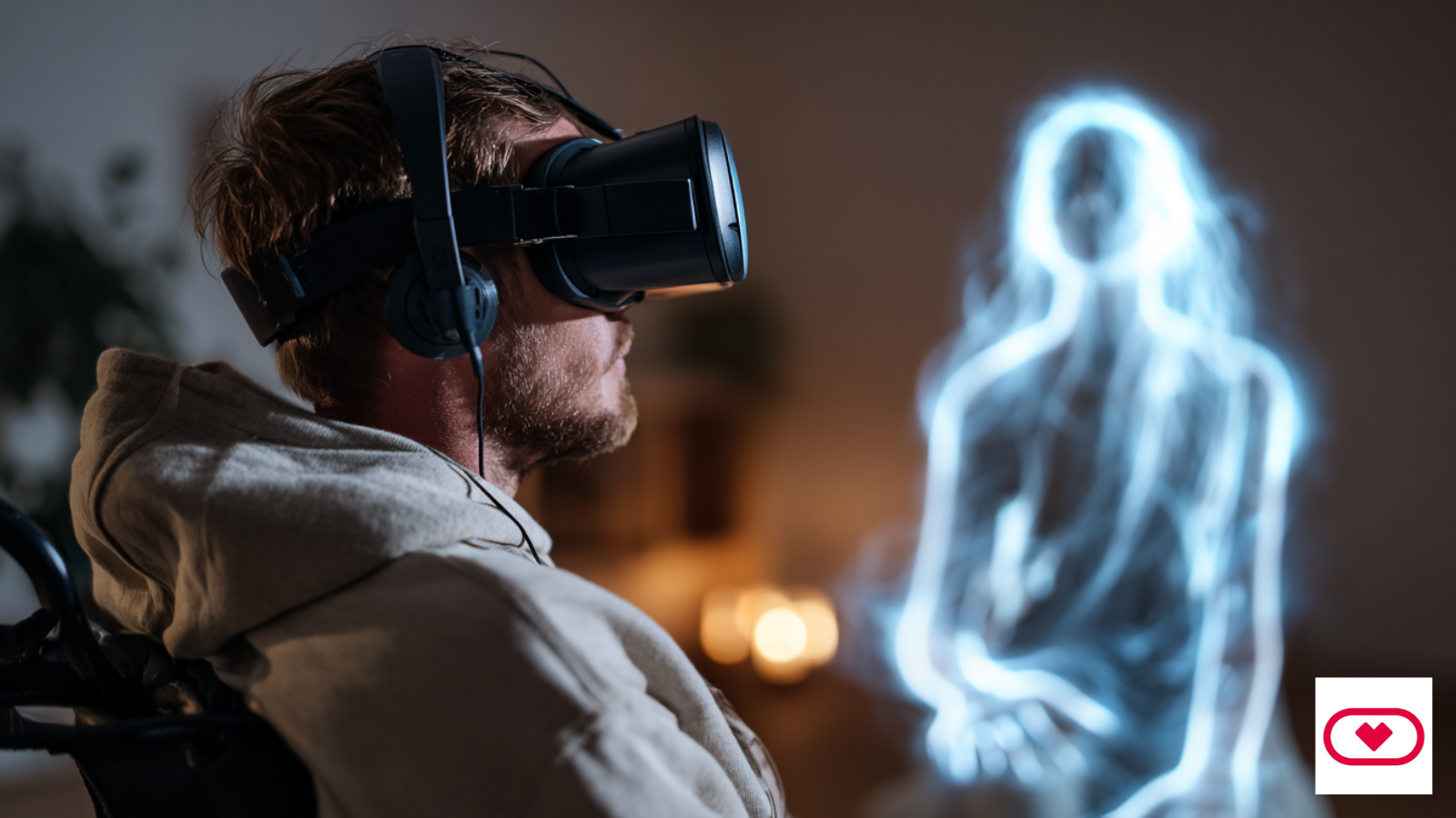 Femme holographique derrière un homme portant un casque VR, prêt pour du porno VR hétéro. 