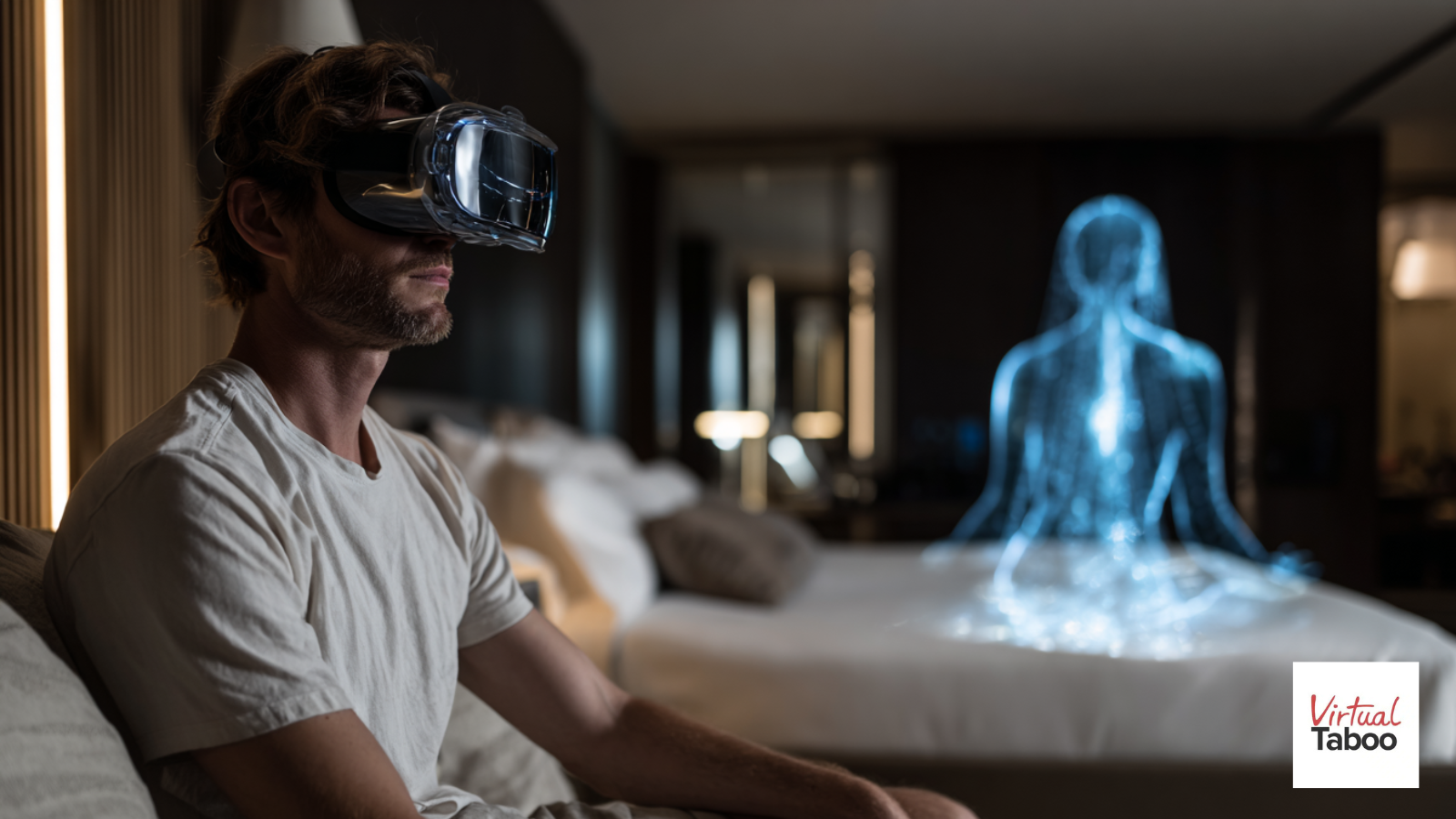 Homme portant un casque VR assis sur un lit dans une suite de luxe, face à une silhouette féminine holographique élégante dans une ambiance immersive, idéale pour une séance porno VR hétéro