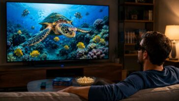 Vue de dos d'un homme portant des lunettes 3D, profitant d'une scène sous-marine immersive et vive sur un grand écran de télévision.