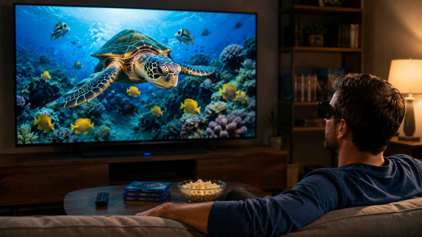 Vue de dos d'un homme portant des lunettes 3D, profitant d'une scène sous-marine immersive et vive sur un grand écran de télévision.