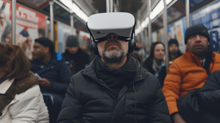 Un homme porte un Vision pro dans le métro
