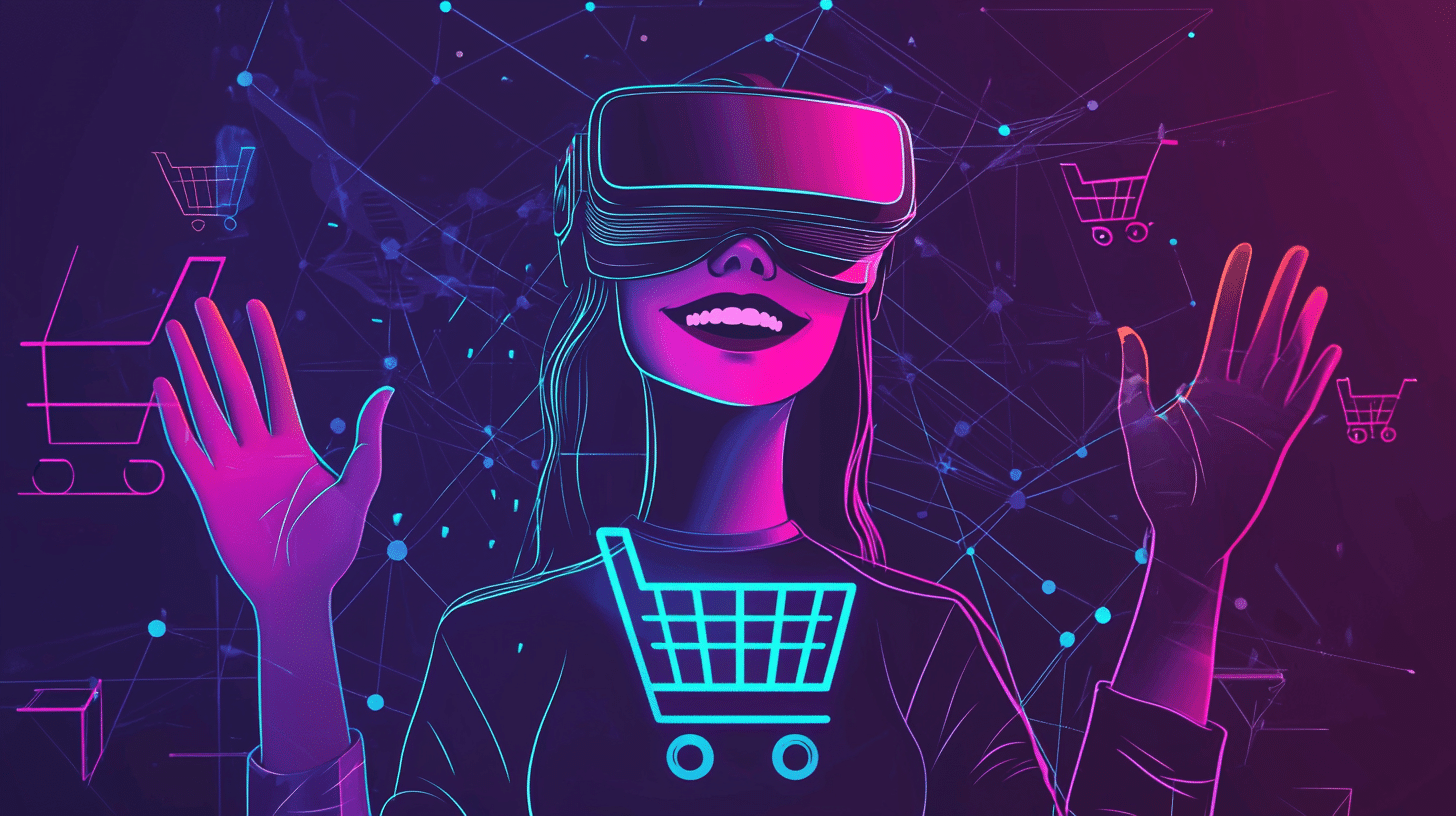 Illustration d'une jeune femme qui fait du shopping sur Internet avec un casque VR