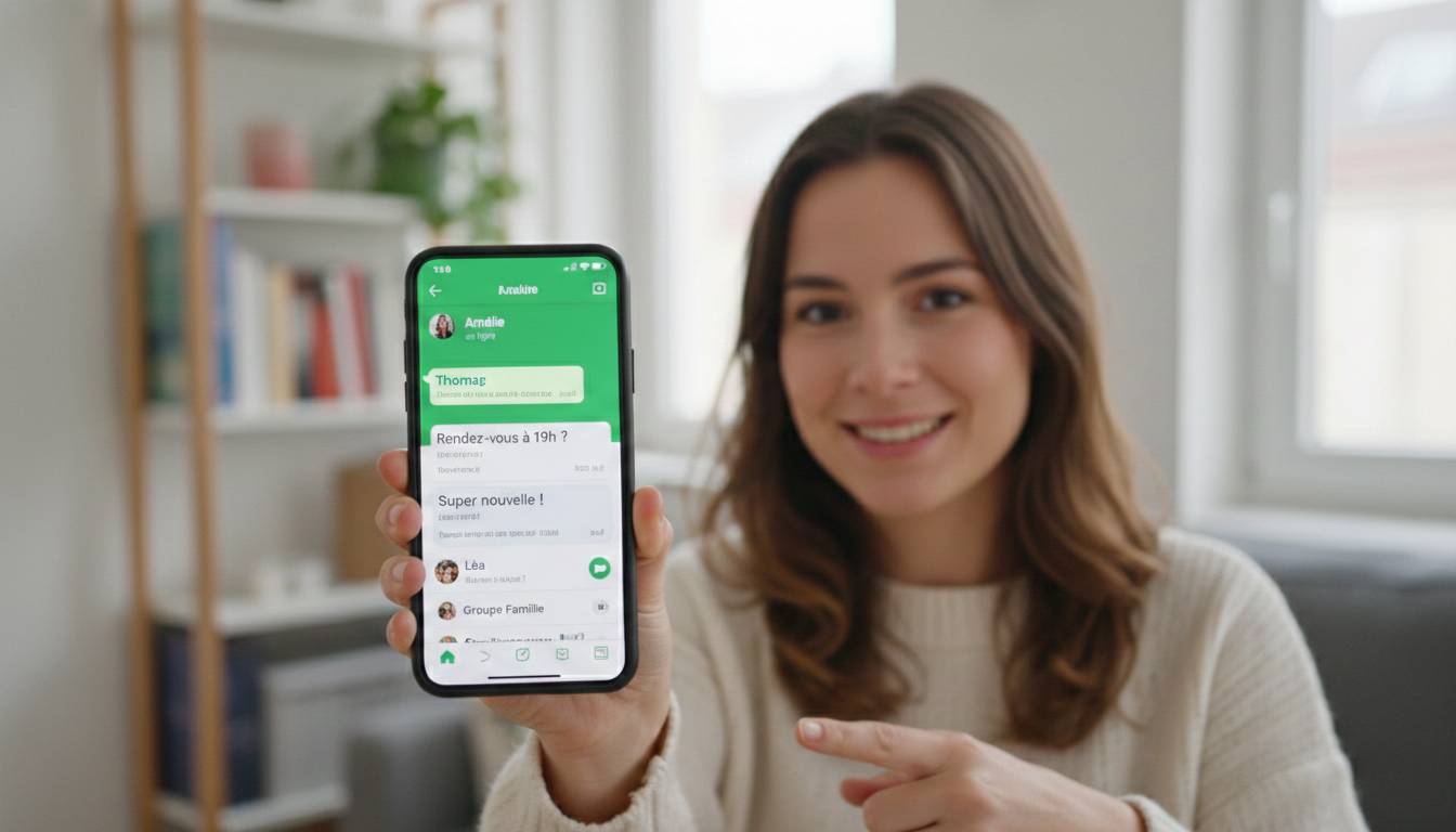 Une femme qui montre un téléphone qui montre l'interface de messagerie de WhatsApp