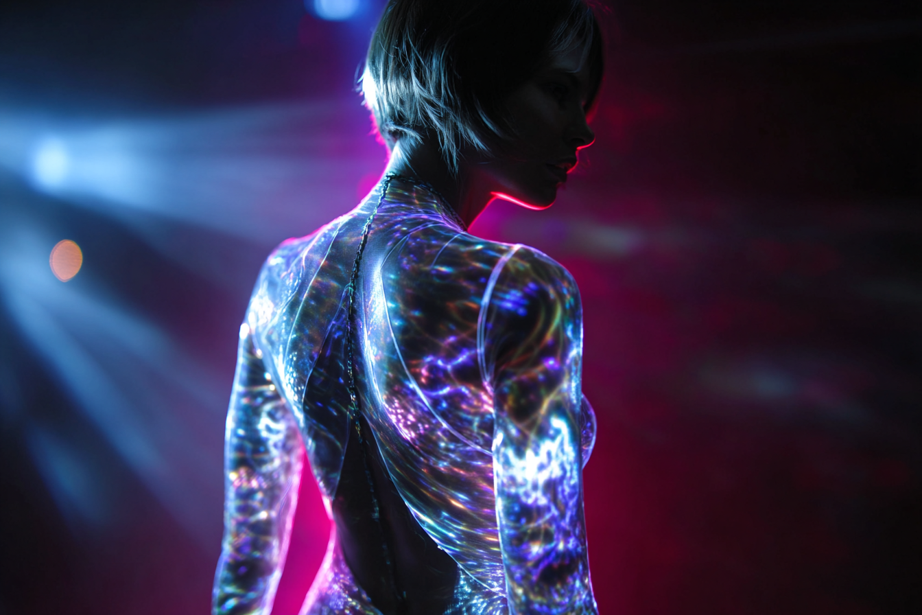 Silhouette féminine holographique en body lumineux dans un studio sombre, entourée de lumières néon bleues et magenta, créant une ambiance artistique immersive.