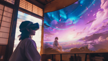 UTilisateur d'un casque VR regardant un écran virtuel projeté
