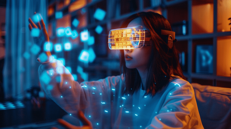 Femme portant des lunettes AR, fascinée par un Mahjong en réalité augmentée avec des tuiles flottantes.