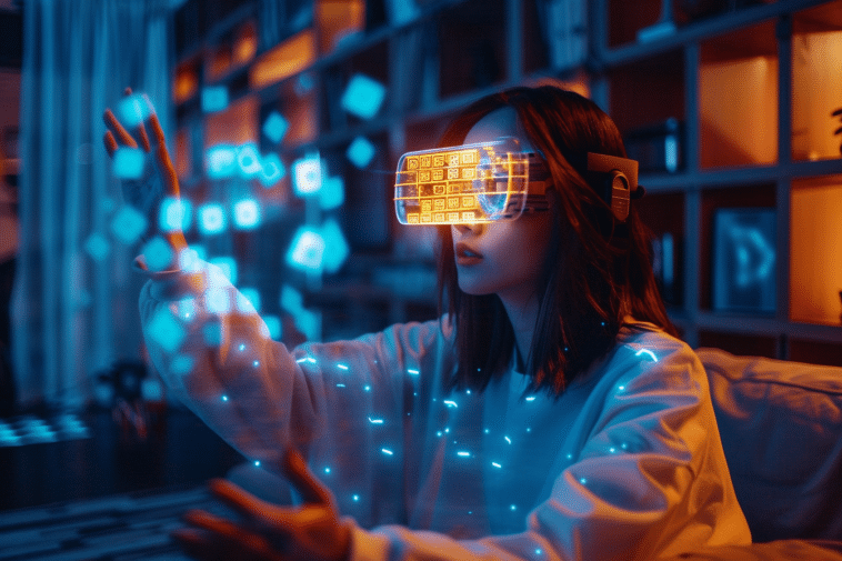 Femme portant des lunettes AR, fascinée par un Mahjong en réalité augmentée avec des tuiles flottantes.