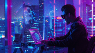 Un homme d'affaires est dans un bureau futuriste éclairé par des lumières néon bleues et violettes. Il est en train d'utiliser un PC optimisé IA avec des lunettes VR