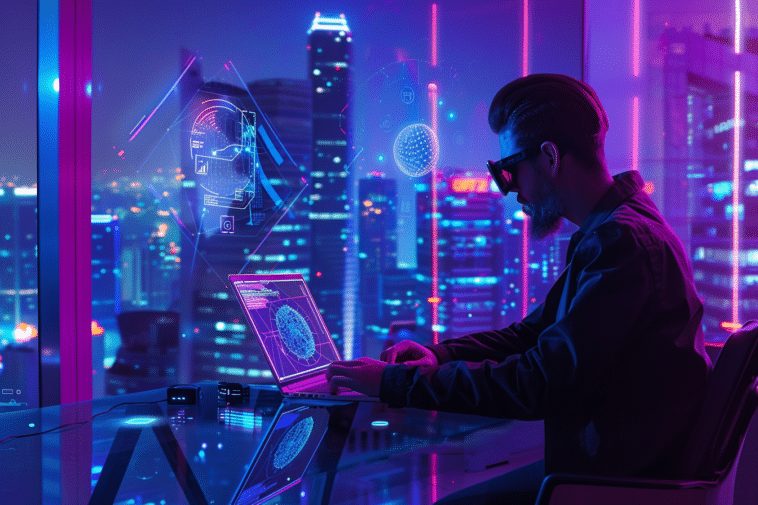 Un homme d'affaires est dans un bureau futuriste éclairé par des lumières néon bleues et violettes. Il est en train d'utiliser un PC optimisé IA avec des lunettes VR