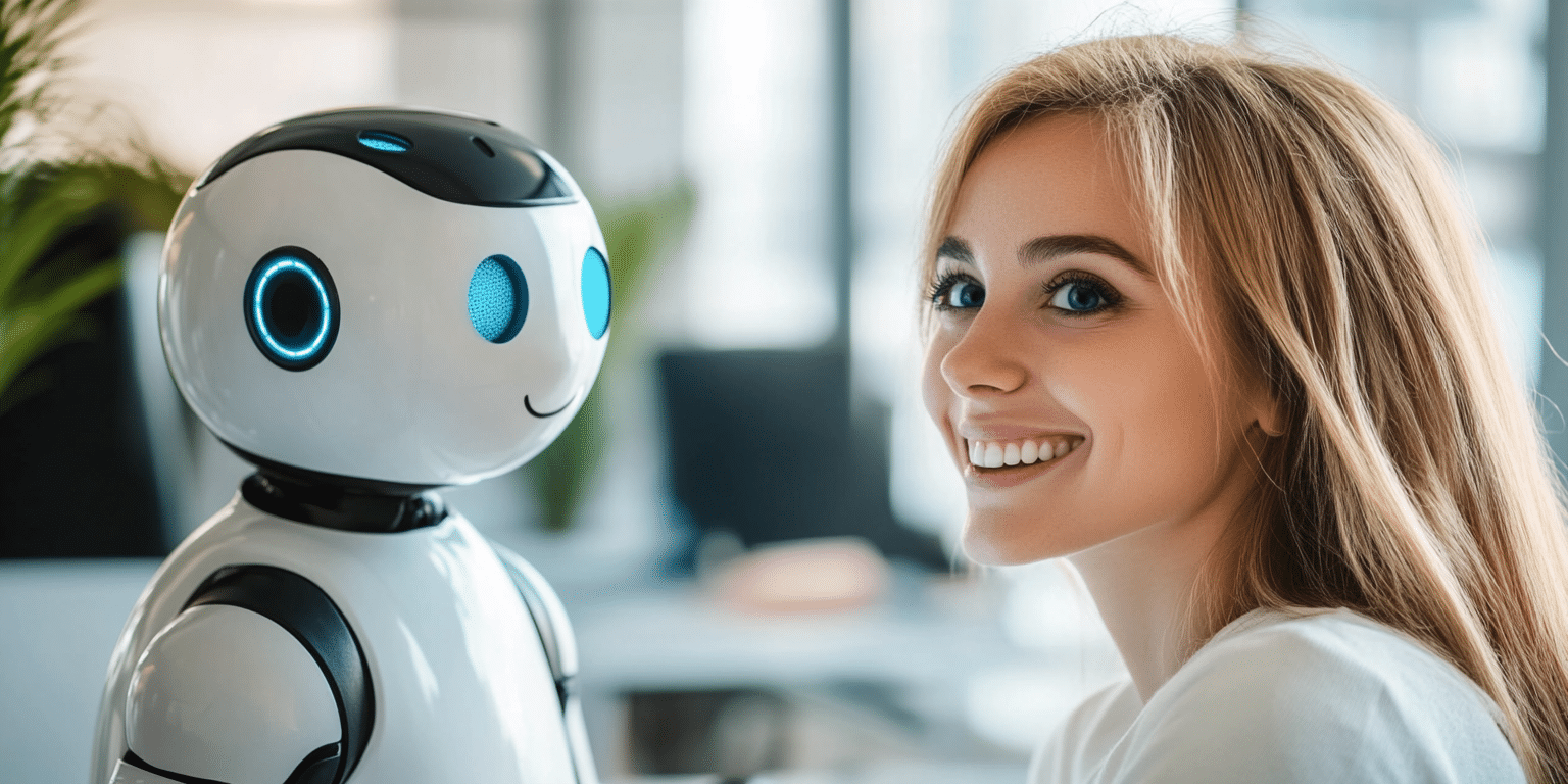 Compagnons et chabbot IA: Une femme discute avec un robot IA