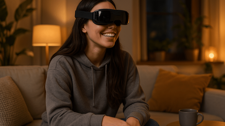 Une femme souriante portant le casque BigScreen Beyond 2