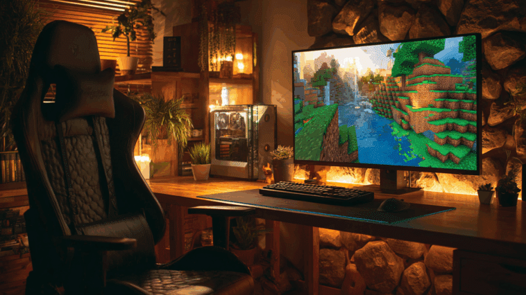 Espace de jeu cosy avec Minecraft lancé en version réaliste sur un écran, textures détaillées et lumière d’ambiance.