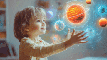 Spatial Computing Enfant avec modèles 3D flottants