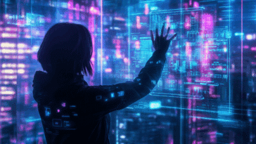 Interfaces holographiques femme interagissant avec un hologramme