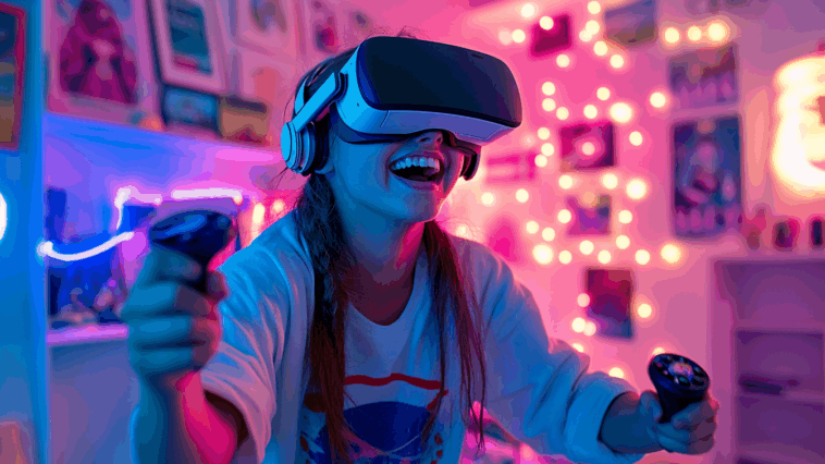 Asteria VR gamer portant un casque vr et des manettes