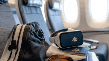 Casque VR en avion affaires de voyage sur un siège