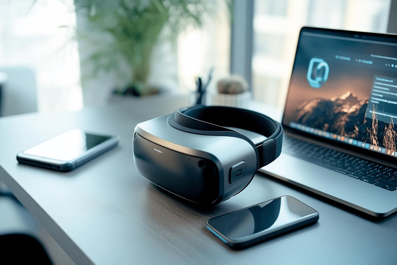 Métavers casque VR posé près d'un PC et smartphone