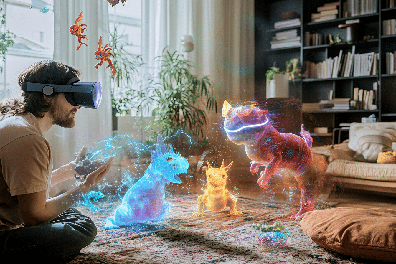 ARKit 4 une personne avec son casque devant des hologrammes