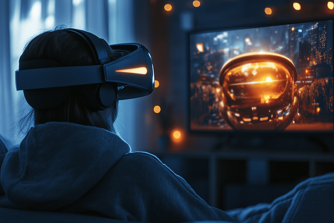 Android XR Gemini personne avec son casque XR devant un écran