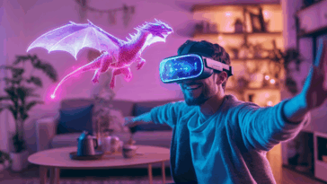 Jeux narratifs en réalité mixte homme en casque VR dans son salon