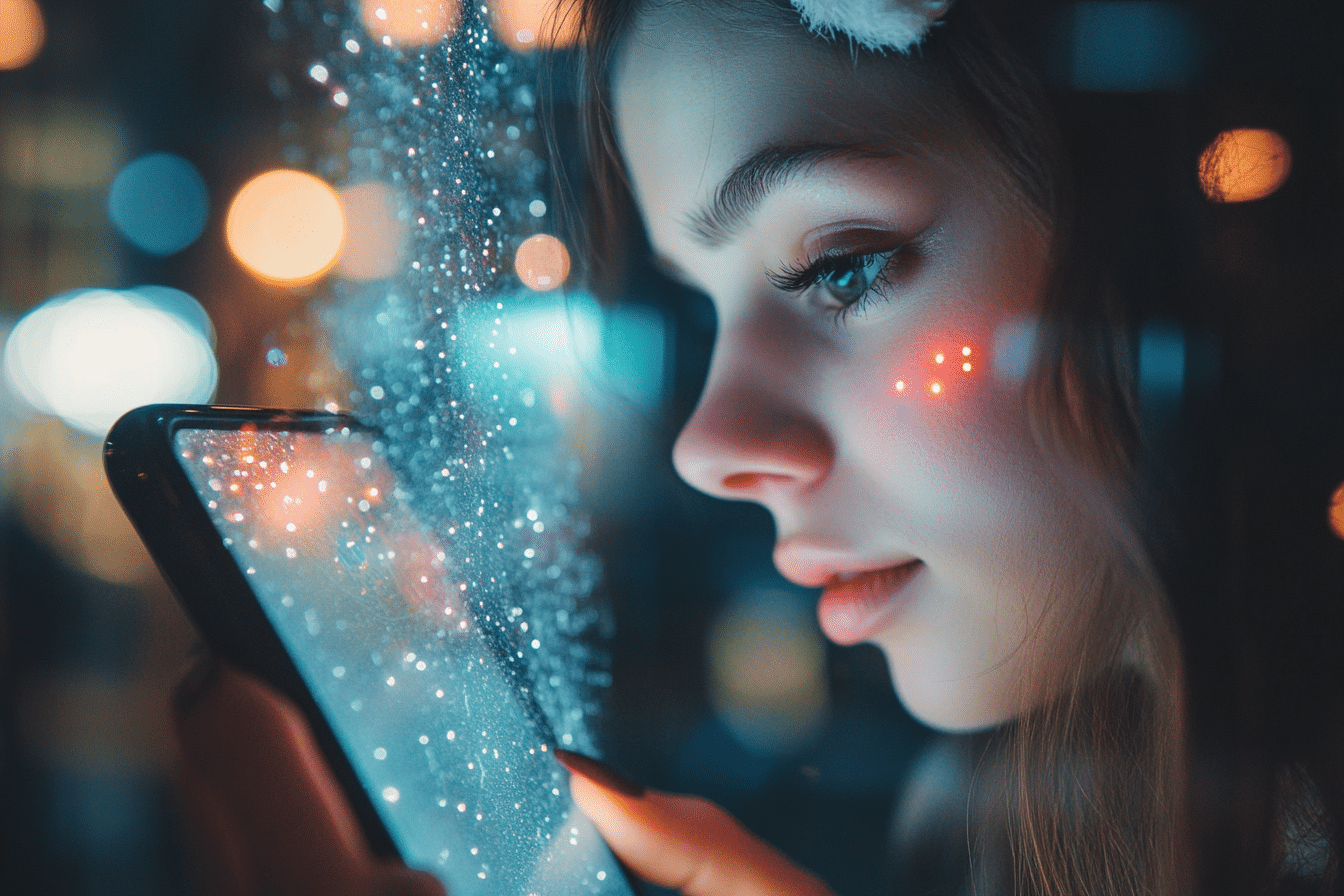 Line Camera et B612 femme avec son smartphone