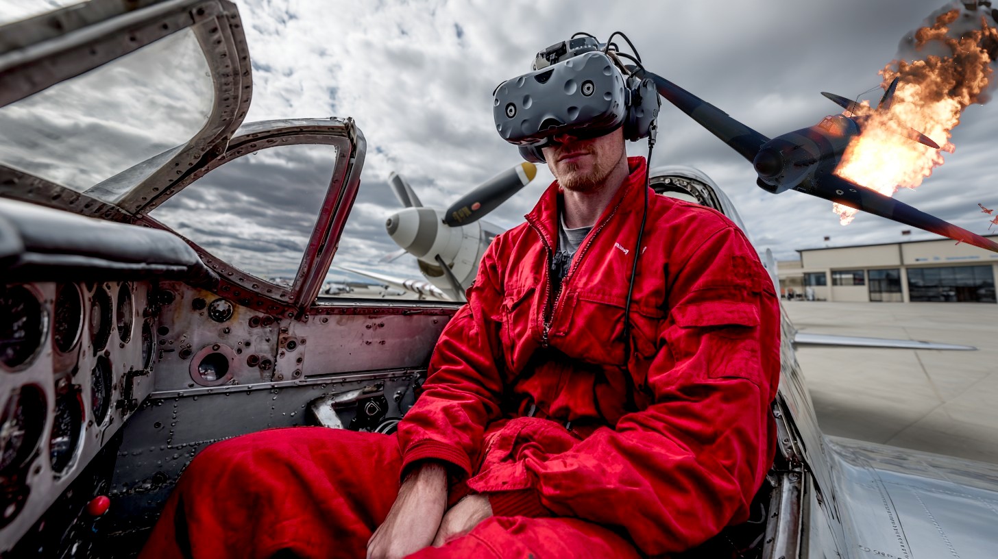 Un pilote en casque VR assis dans un cockpit ancien