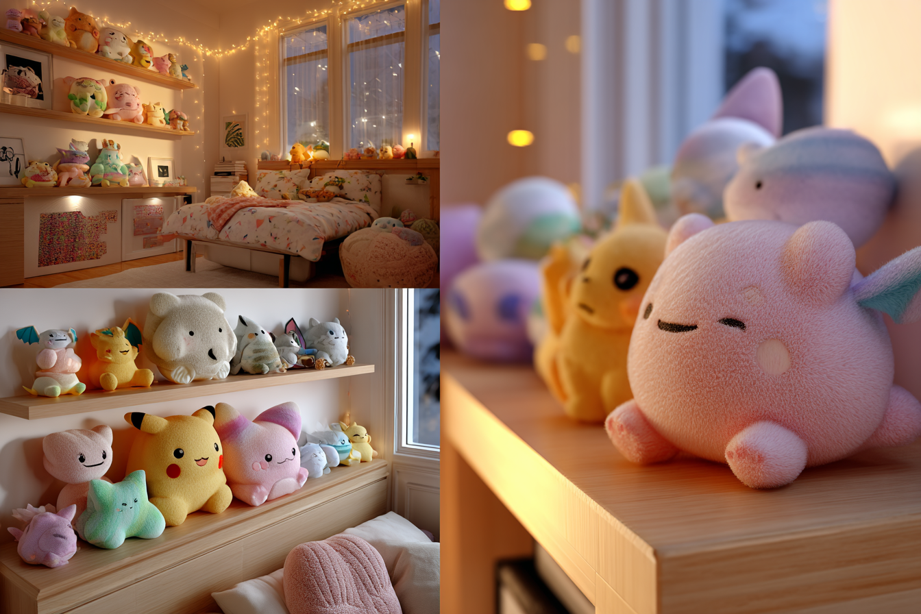 Une chambre virtuelle chaleureuse avec des peluches Pokémon comme Pikachu, Rondoudou et Dracaufeu posées sur une étagère, rappelant la Peluchambre de Pokémon Friends.