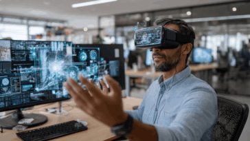 Un professionnel utilisant un casque VR dans un bureau moderne, entouré d’écrans holographiques collaboratifs.