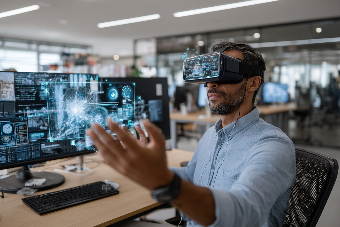 Un professionnel utilisant un casque VR dans un bureau moderne, entouré d’écrans holographiques collaboratifs.