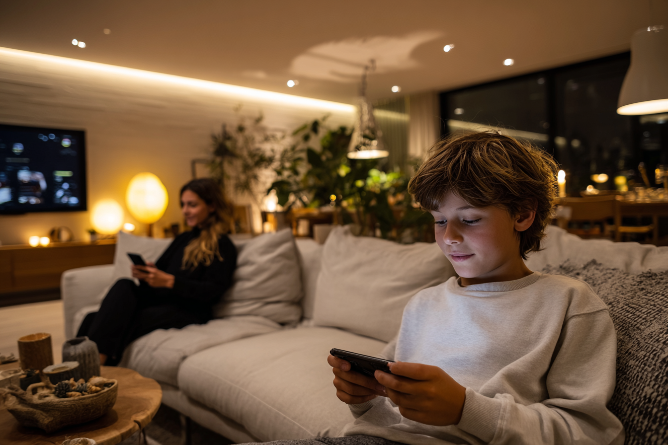 Un enfant et un parent jouent chacun sur leur smartphone en mode paysage dans un salon cosy, illustrant l’aspect familial de Pokémon Friends.