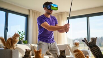 Un homme qui joue au Golf avec des chats, casque VR à la tête