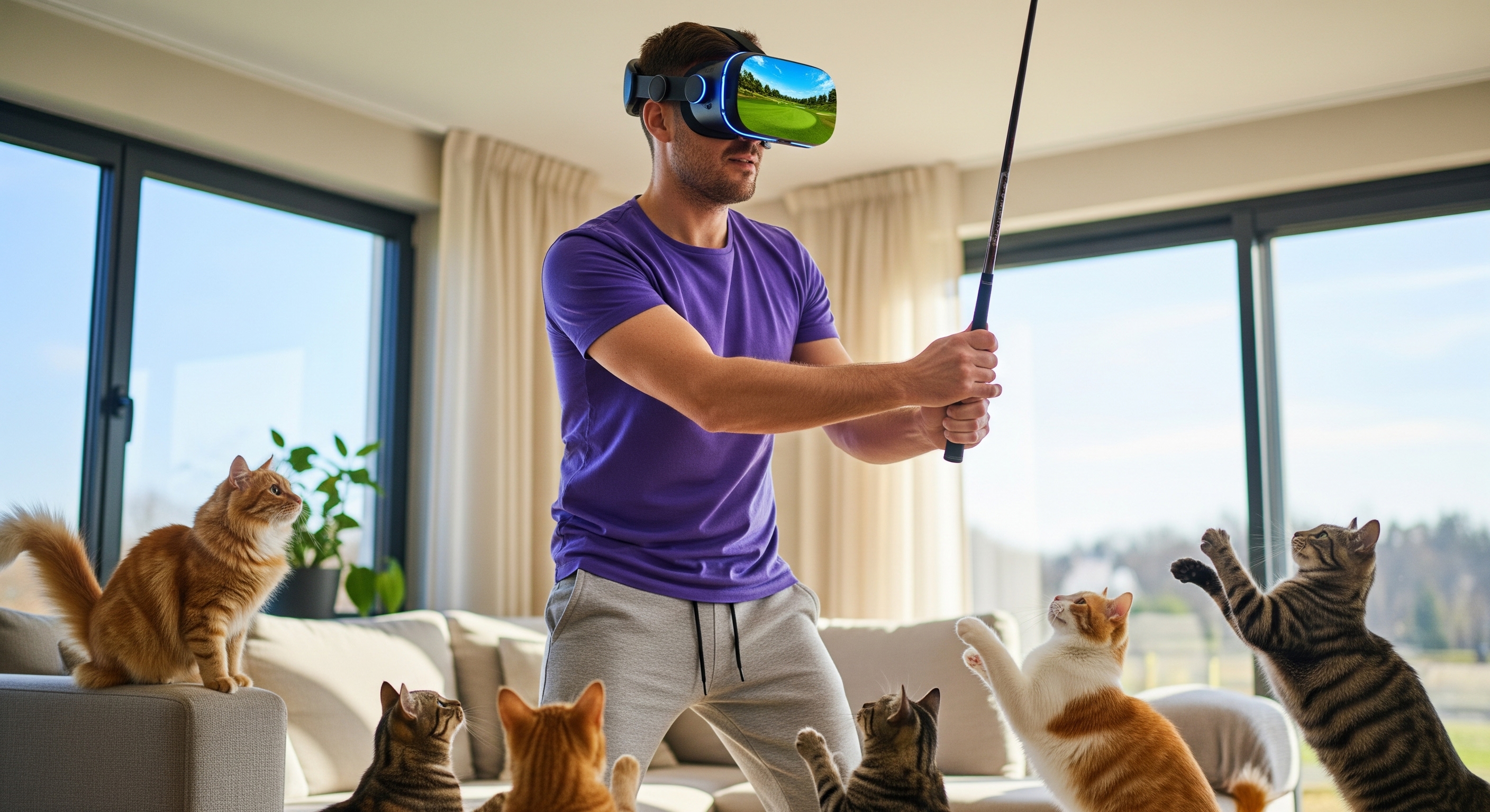 Un homme qui joue au Golf avec des chats, casque VR à la tête