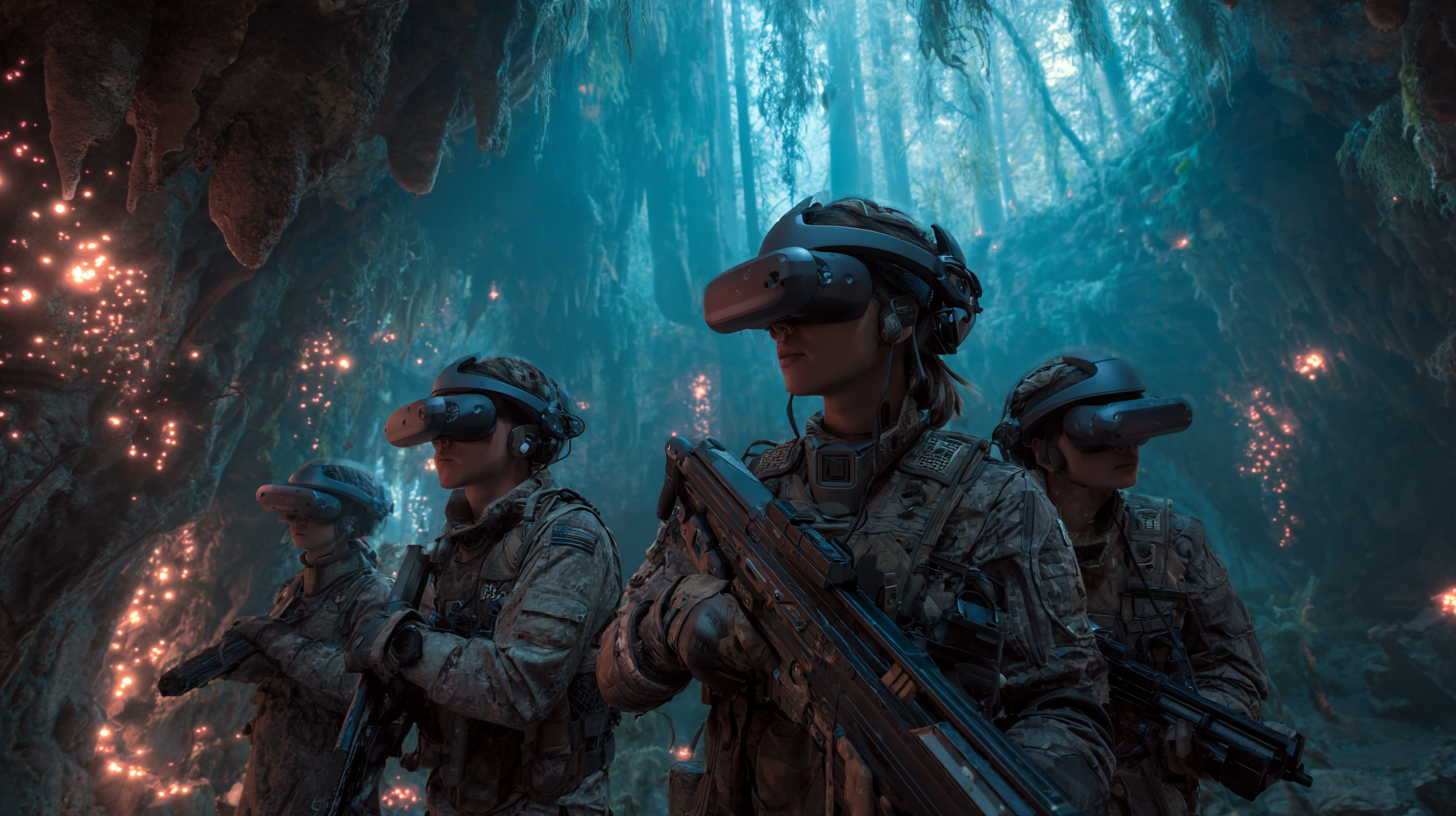 Quatre joueurs en pleine action VR, casques PSVR2 sur la tête, armes futuristes en main, plongés dans une grotte sombre et alien
