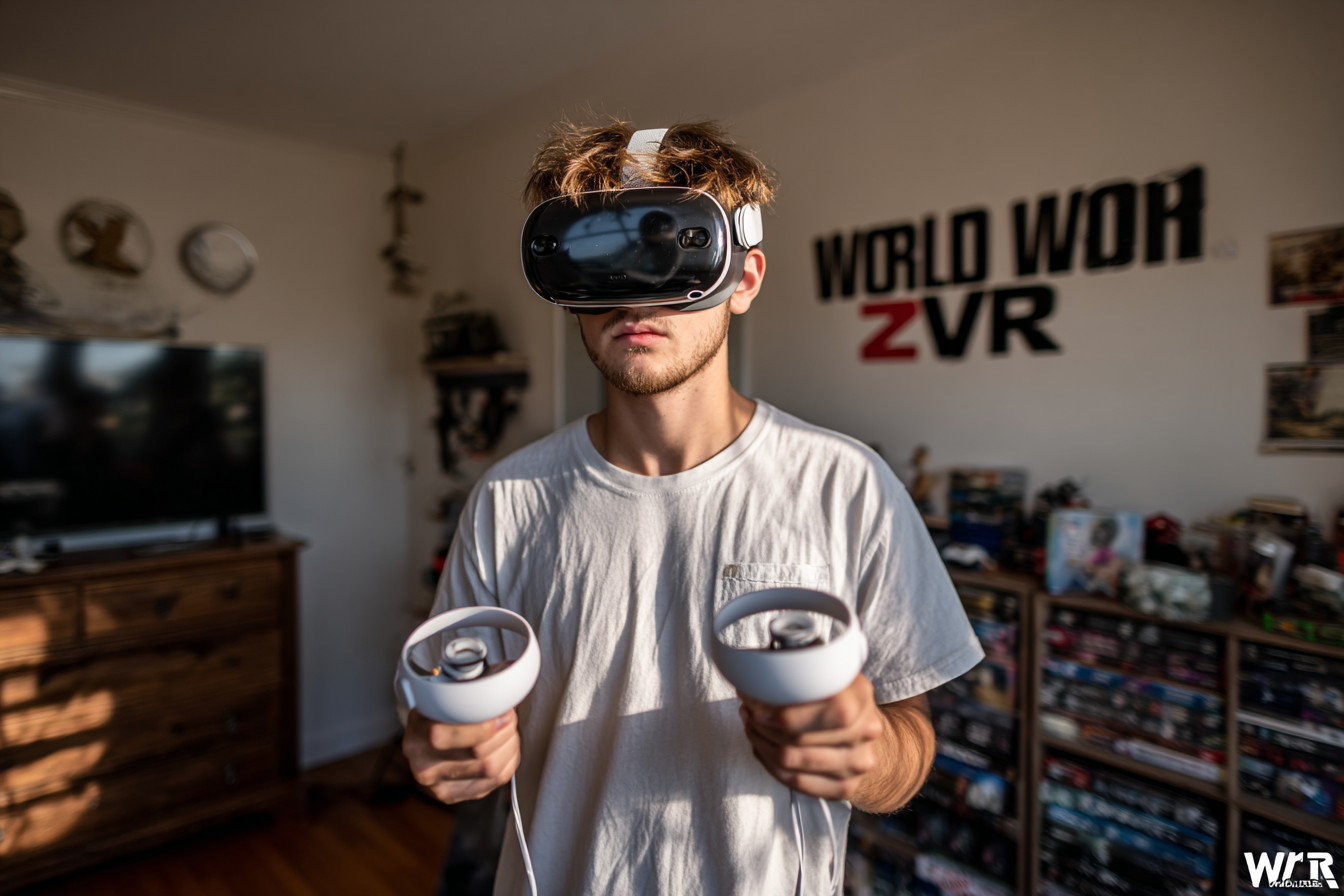 Jeune homme portant un casque VR Quest 3 et des manettes, debout dans sa chambre devant son installation gaming.