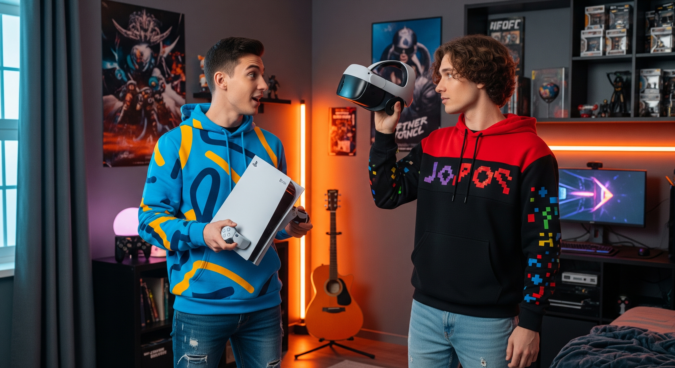 2 gars qui se regardent, console et casque VR à la main