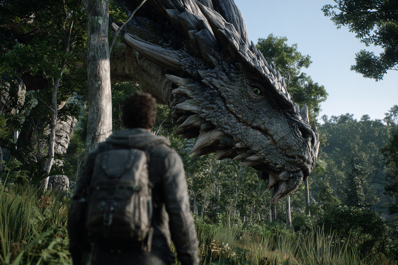 Protagoniste de Monster Hunter Stories 3 aux côtés d’un Rathalos imposant dans une forêt verdoyante.