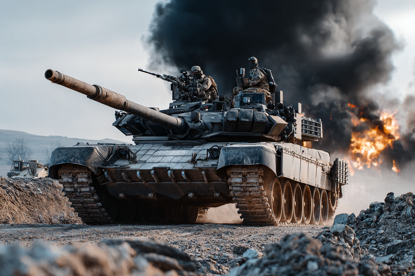 Groupe de soldats en tenue de combat moderne sur un char d’assaut en mouvement, ciel orageux, explosions lointaines.