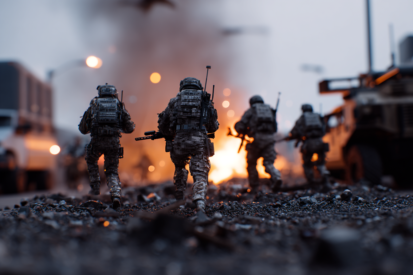 Vue cinématographique en légère plongée montrant quatre soldats armés en pleine action, explosions, fumée, véhicules blindés et hélicoptères en arrière-plan, lumière dramatique.