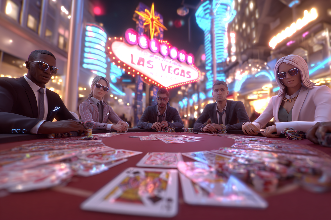 Un groupe d’avatars virtuels assis autour d’une table de poker en ligne, cartes et jetons visibles, dans un décor inspiré des casinos de Las Vegas, illustrant l’expérience sociale et immersive du poker en réalité virtuelle.