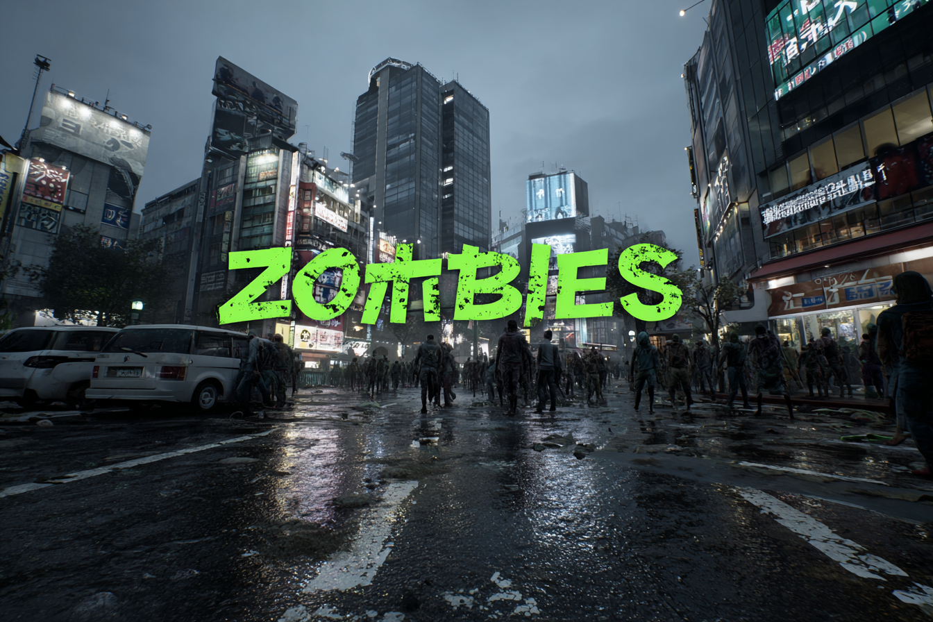 Rues de Tokyo envahies par des zombies avec néons et ambiance apocalyptique en VR.