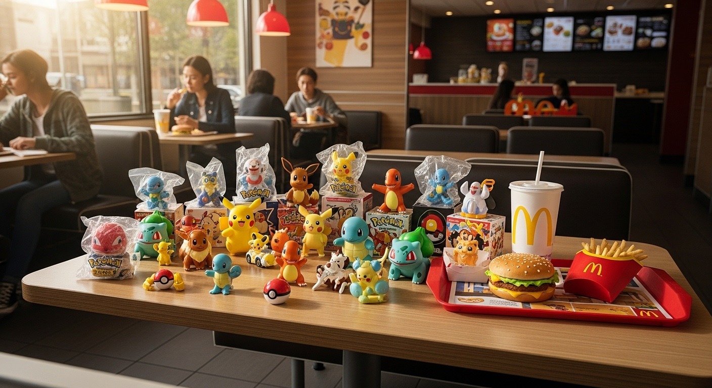 Collection Pokémon McDo sur une table du restaurant