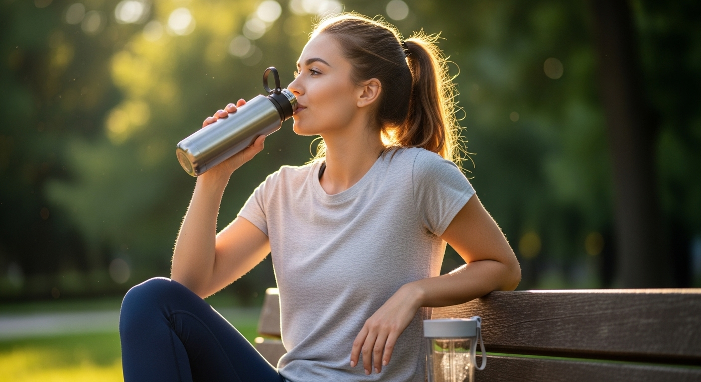 Femme qui boit sa boisson dans une gourde