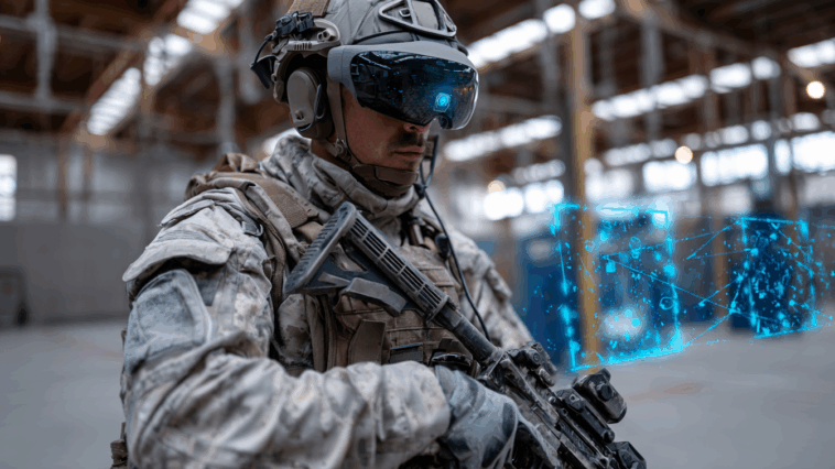 Joueur d’airsoft équipé d’un casque VR haut de gamme et d’une réplique connectée, évoluant dans une salle où réalité et hologrammes immersifs se superposent.